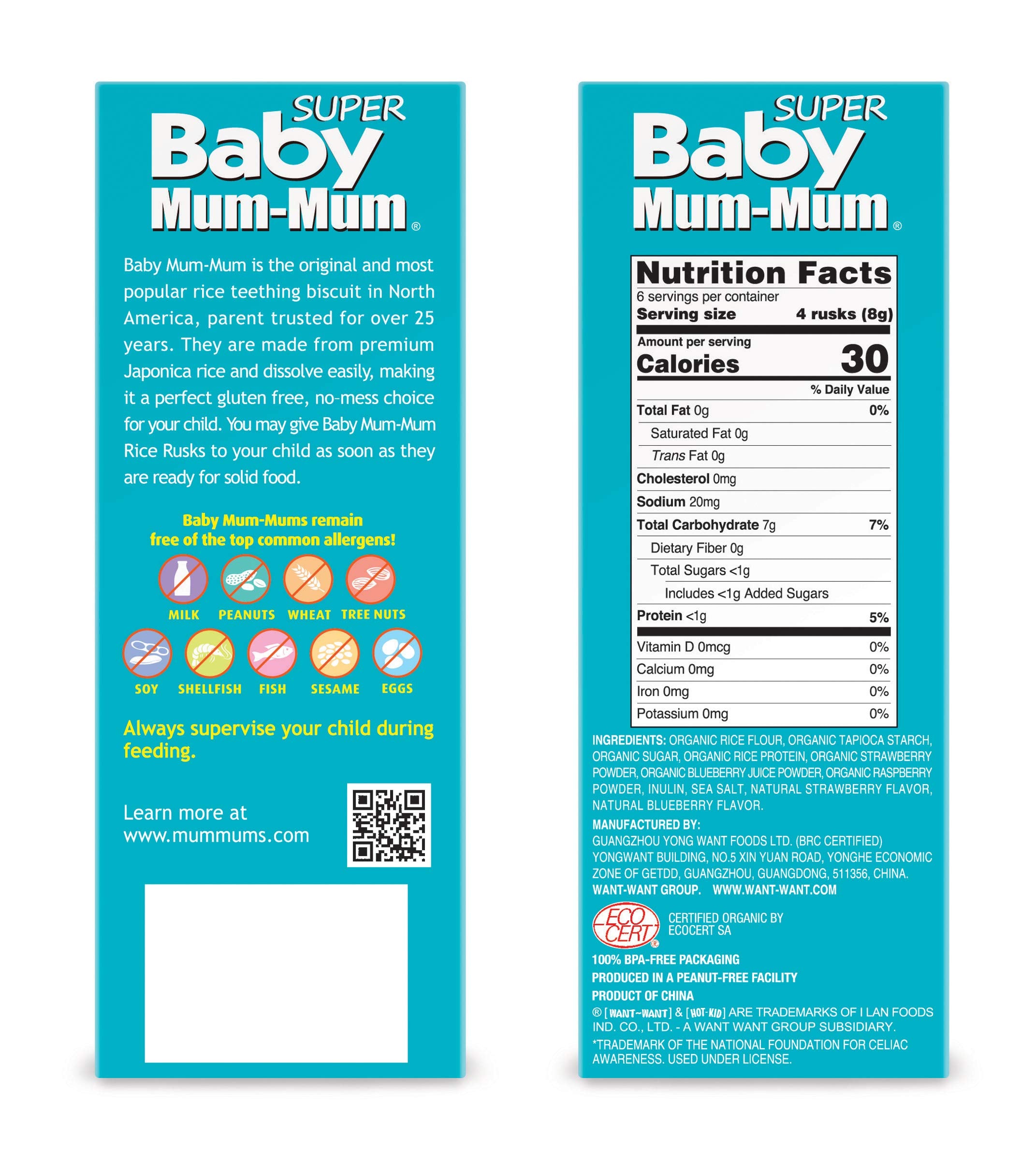 Baby Mum-Mum organic crackers label, gluten-free and allergen-free.
