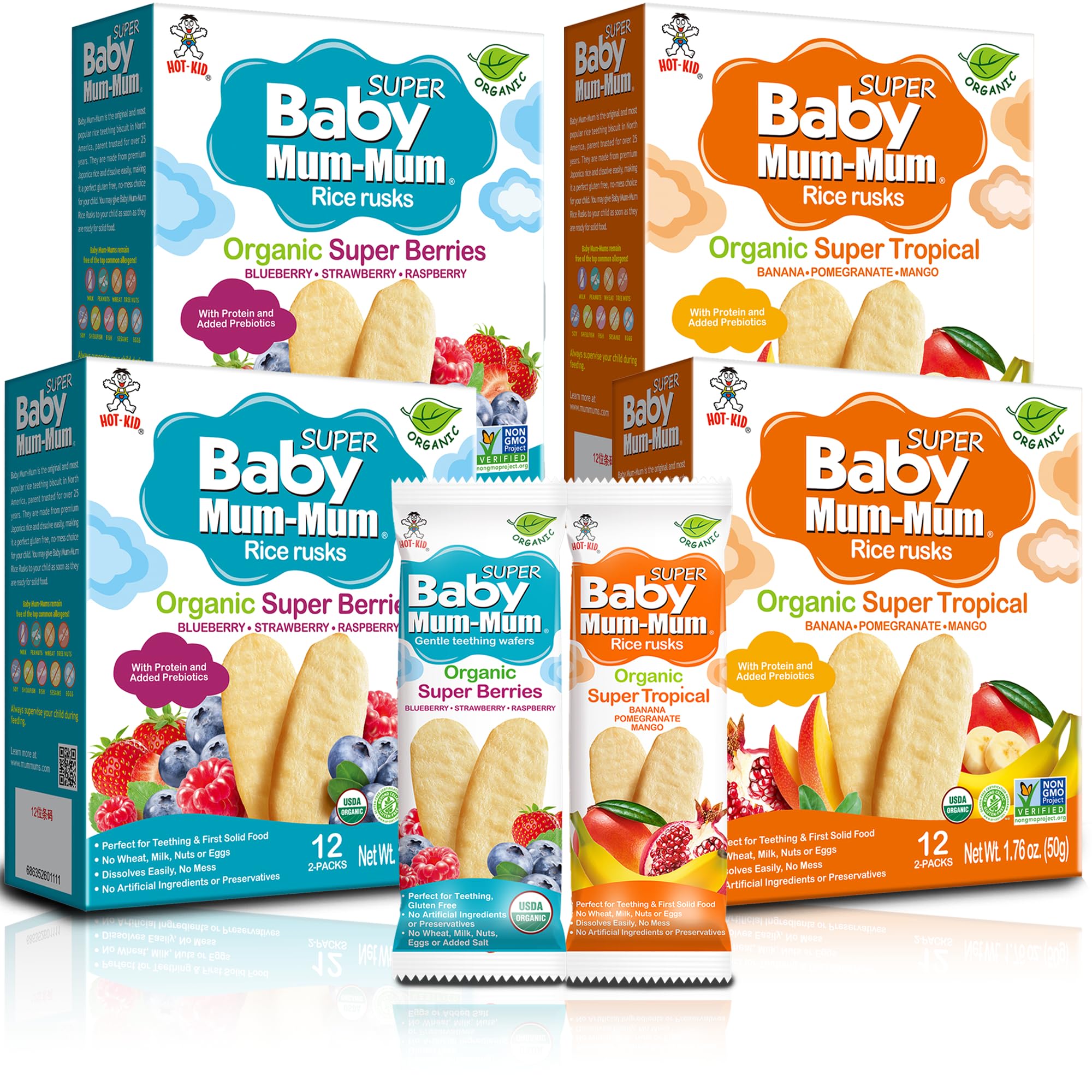Baby Mum-Mum Organic Rice Biscuits Super Tropical front pack, convenient toddler snack.