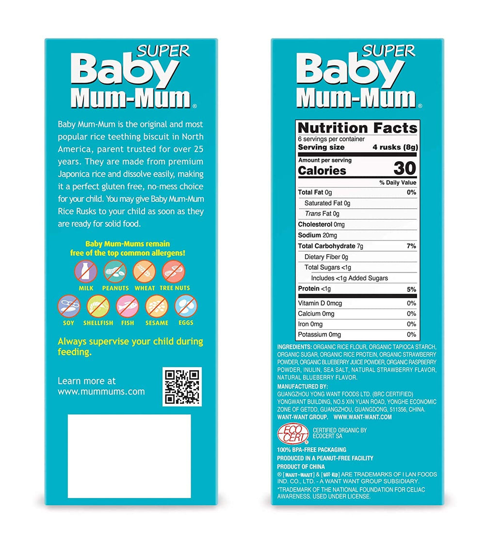 Baby Mum-Mum crackers dissolving with saliva to soothe gums.