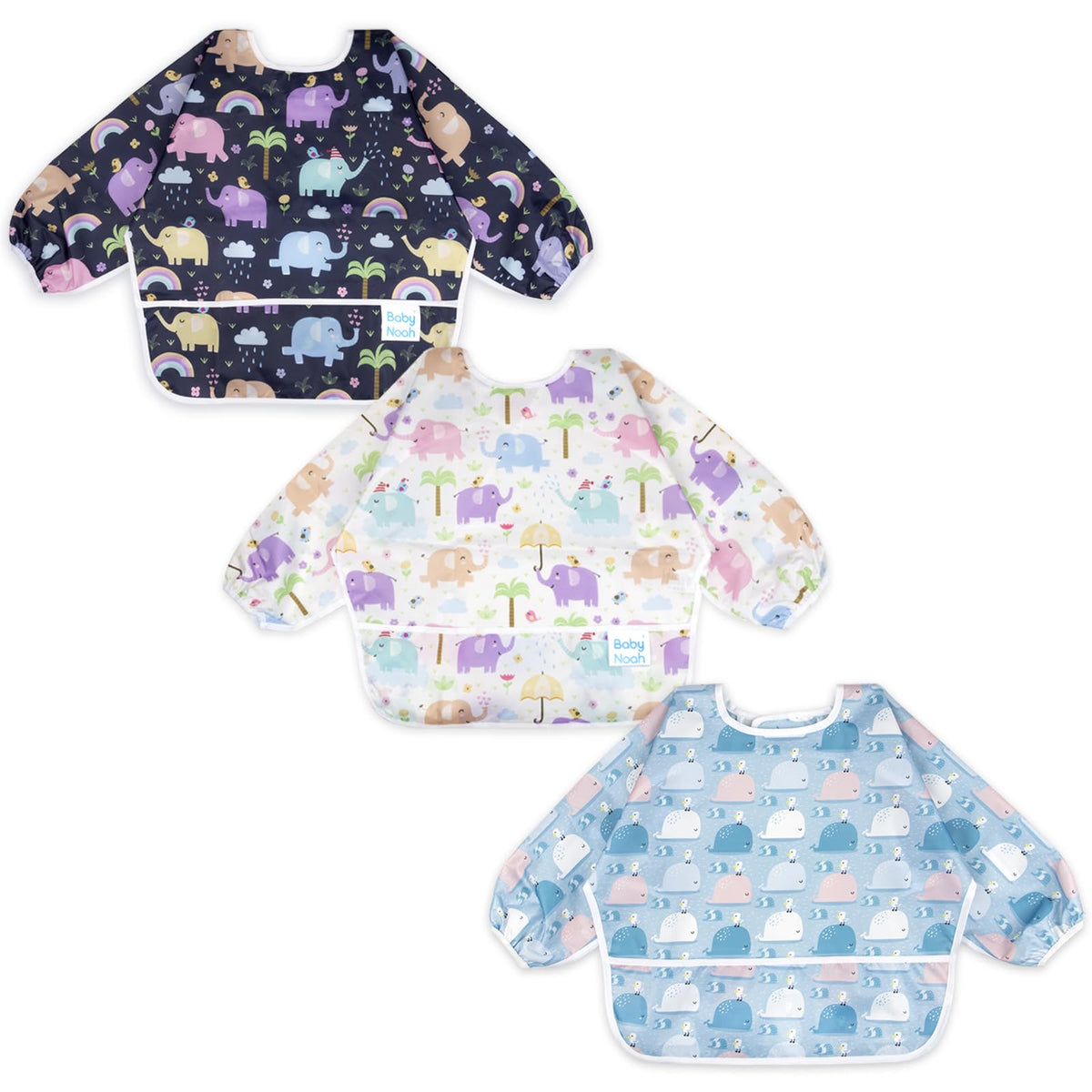 Baby Noah 3pc sleeved bib pocket showcases crumb catcher during meals.