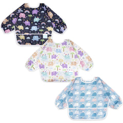 Baby Noah 3pc sleeved bib pocket showcases crumb catcher during meals.