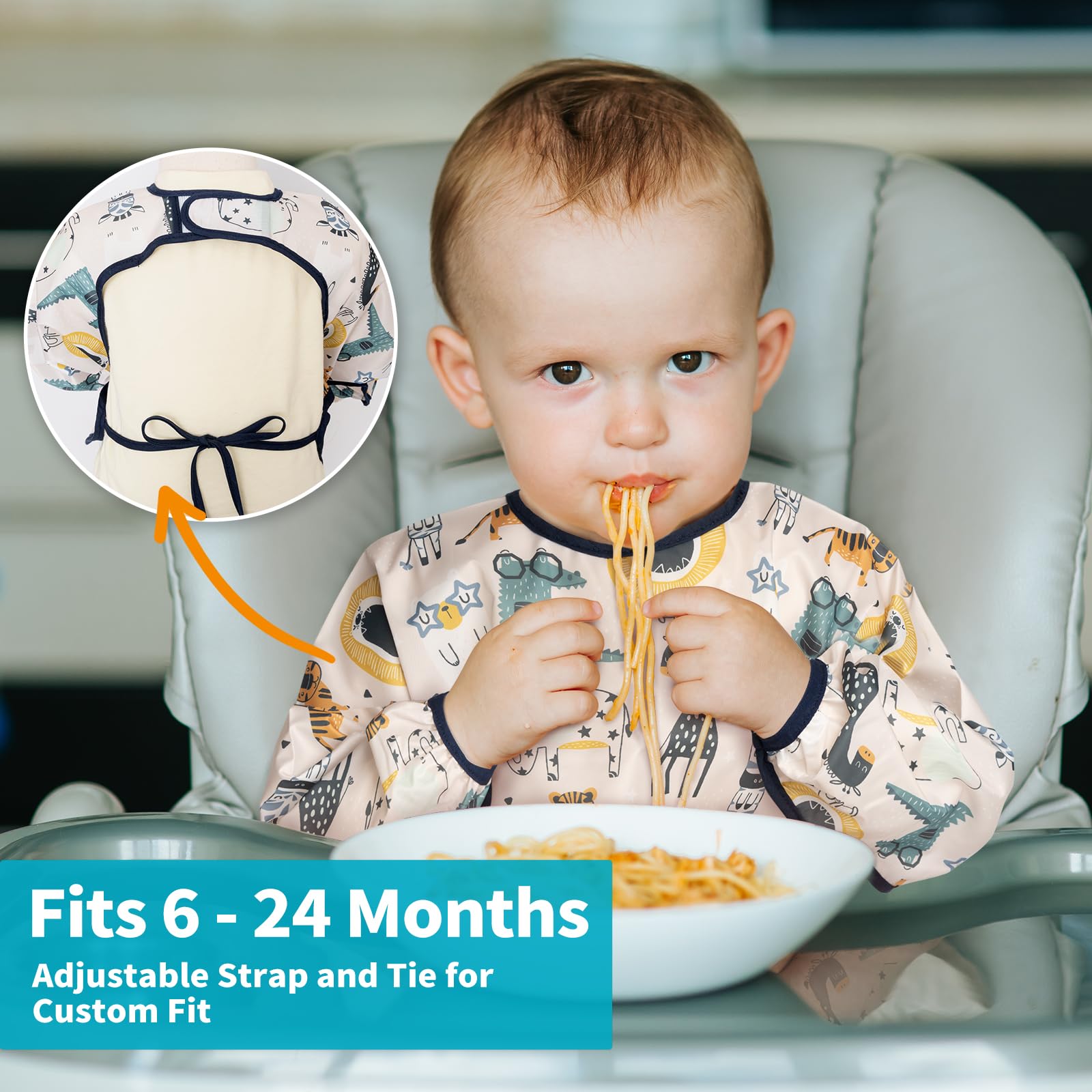 Baby Noah convertible smock-pocket-back shows turning to an outer smock for extra protection.