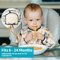 Baby Noah convertible smock-pocket-back shows turning to an outer smock for extra protection.