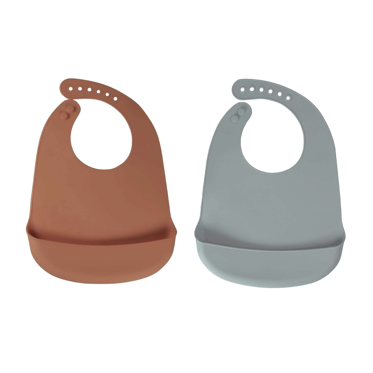Baby Pick silicone bib in light rust with pocket catching mess