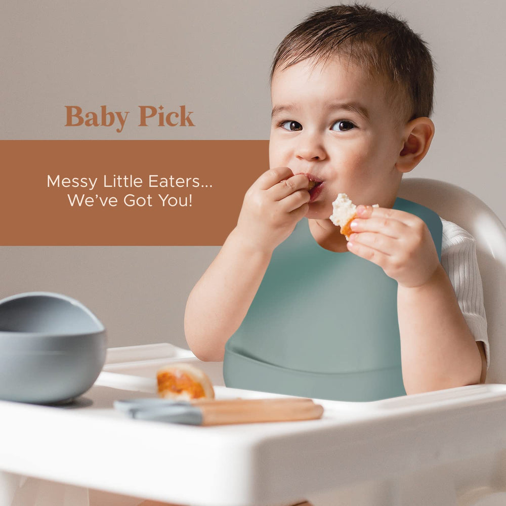 Baby Pick bib worn by baby during feeding, showing color mix