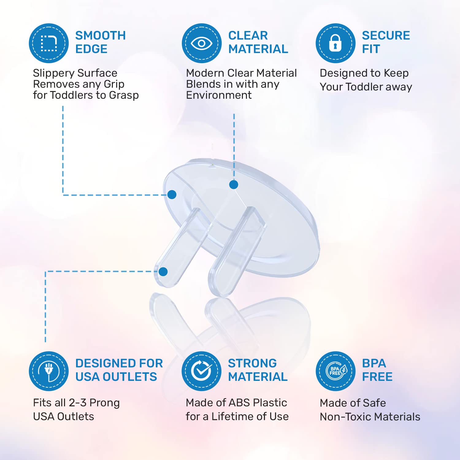 Durable Baby Proof Me insulating material provides flame-resistant socket protection.
