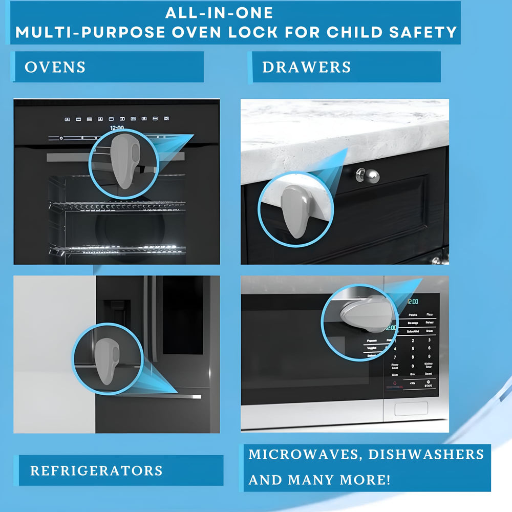 Baby Proof Me oven lock double-button mechanism for secure one-handed use.