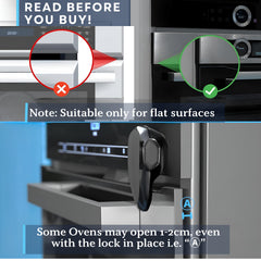 Baby Proof Me oven lock side installation shows tool-free setup.