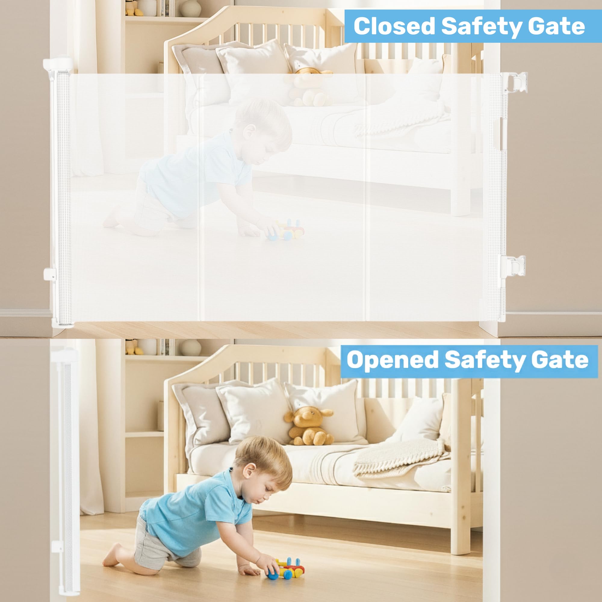 Baby Proof Me gate installed on stairs with reinforced frame and baseboard fit