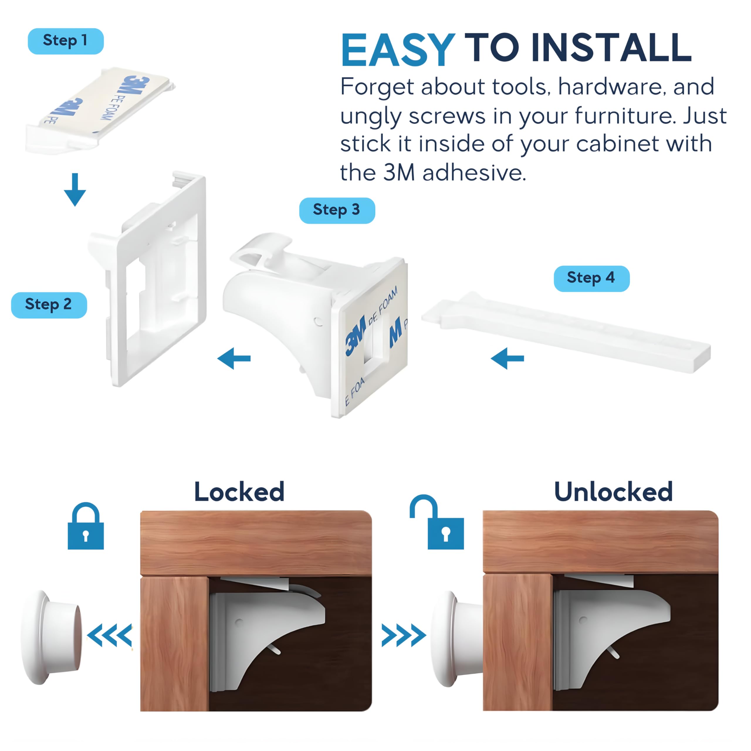 Baby Proof Me 3100 Gauss magnets provide strong latching for cabinets