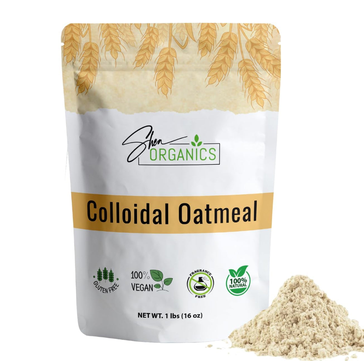 Baby Shea Organics colloidal oatmeal powder packaging shows pure oats for gentle skin care
