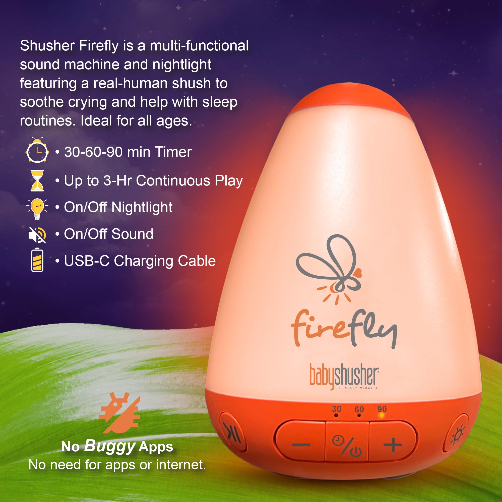 Compact design for on-the-go soothing with Baby Shusher Firefly.