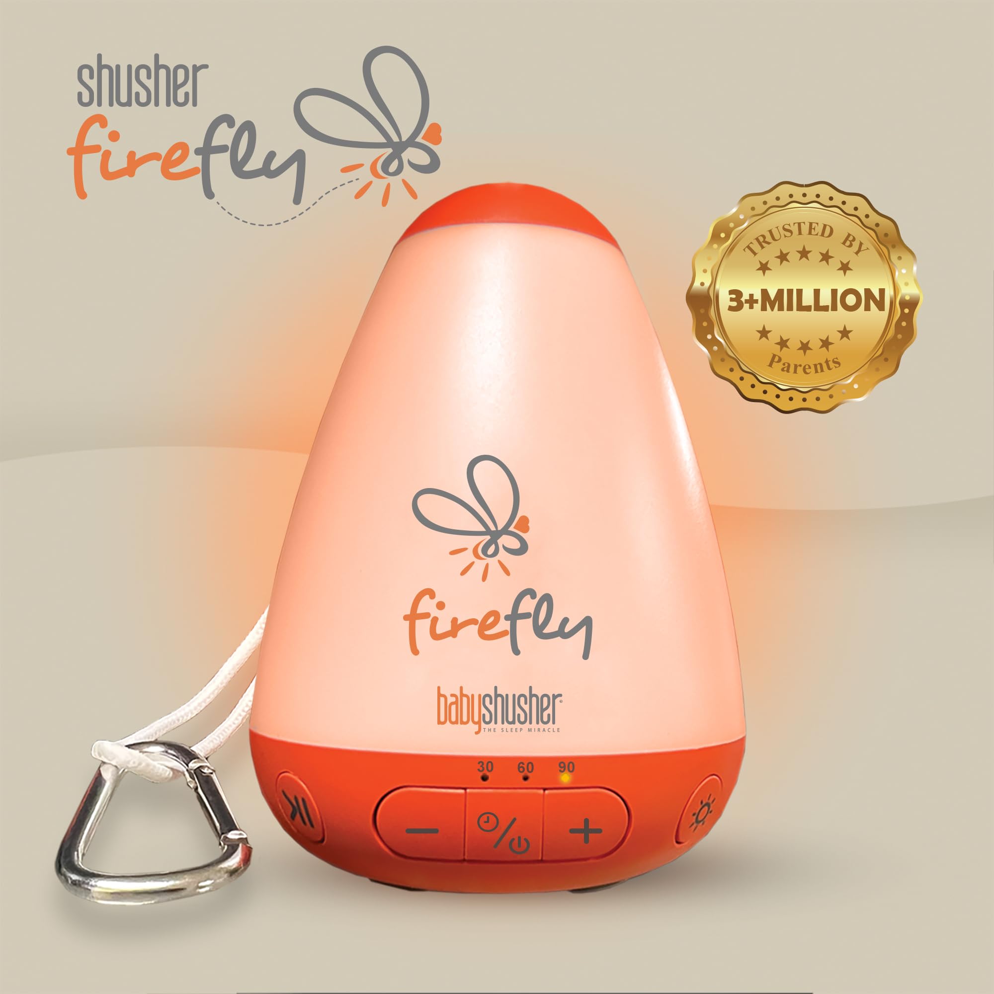 Baby Shusher Firefly sunset light helps create a gentle sleep environment.