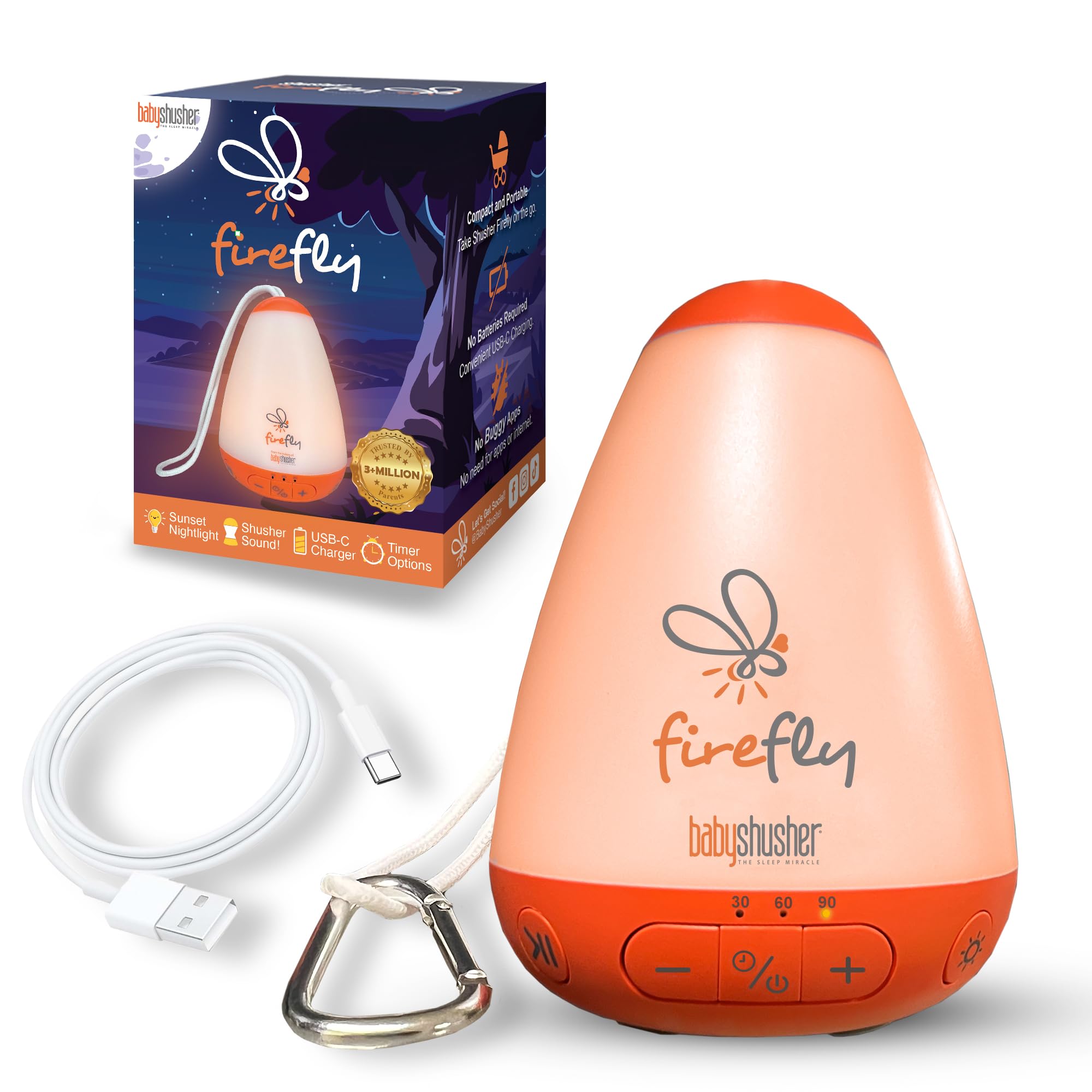 USB rechargeable Shusher Firefly keeps soothing ready without batteries.