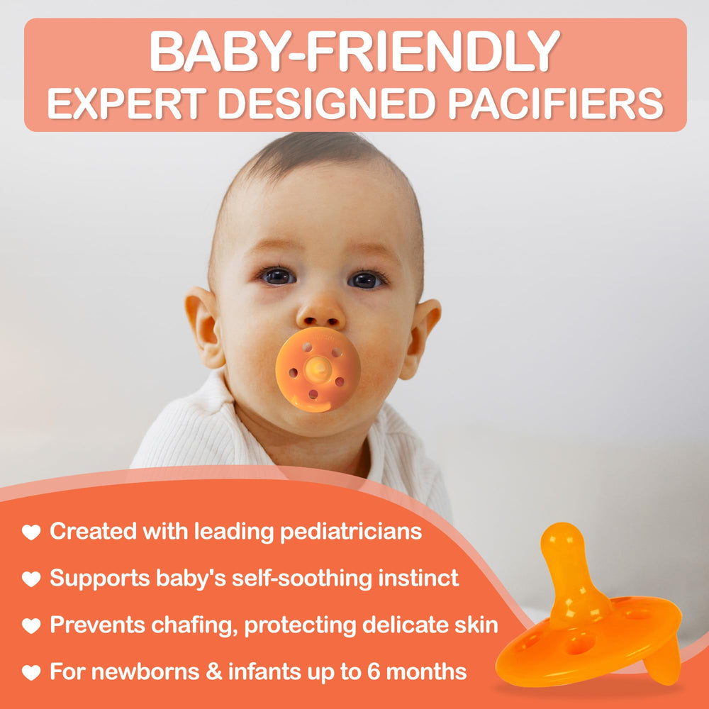 Close-up of Baby Shusher shushie pacifier showing beveled nipple design for secure fit.