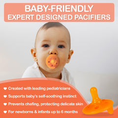 Close-up of Baby Shusher shushie pacifier showing beveled nipple design for secure fit.