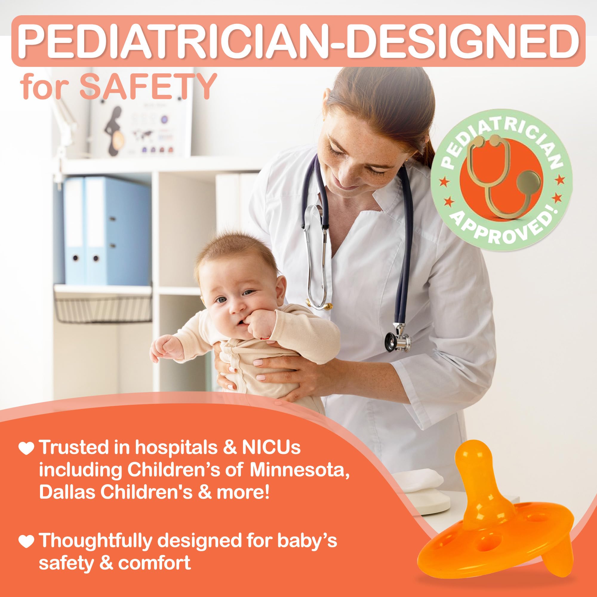 Shushie pacifier with ventilation holes to maximize airflow and reduce irritation.