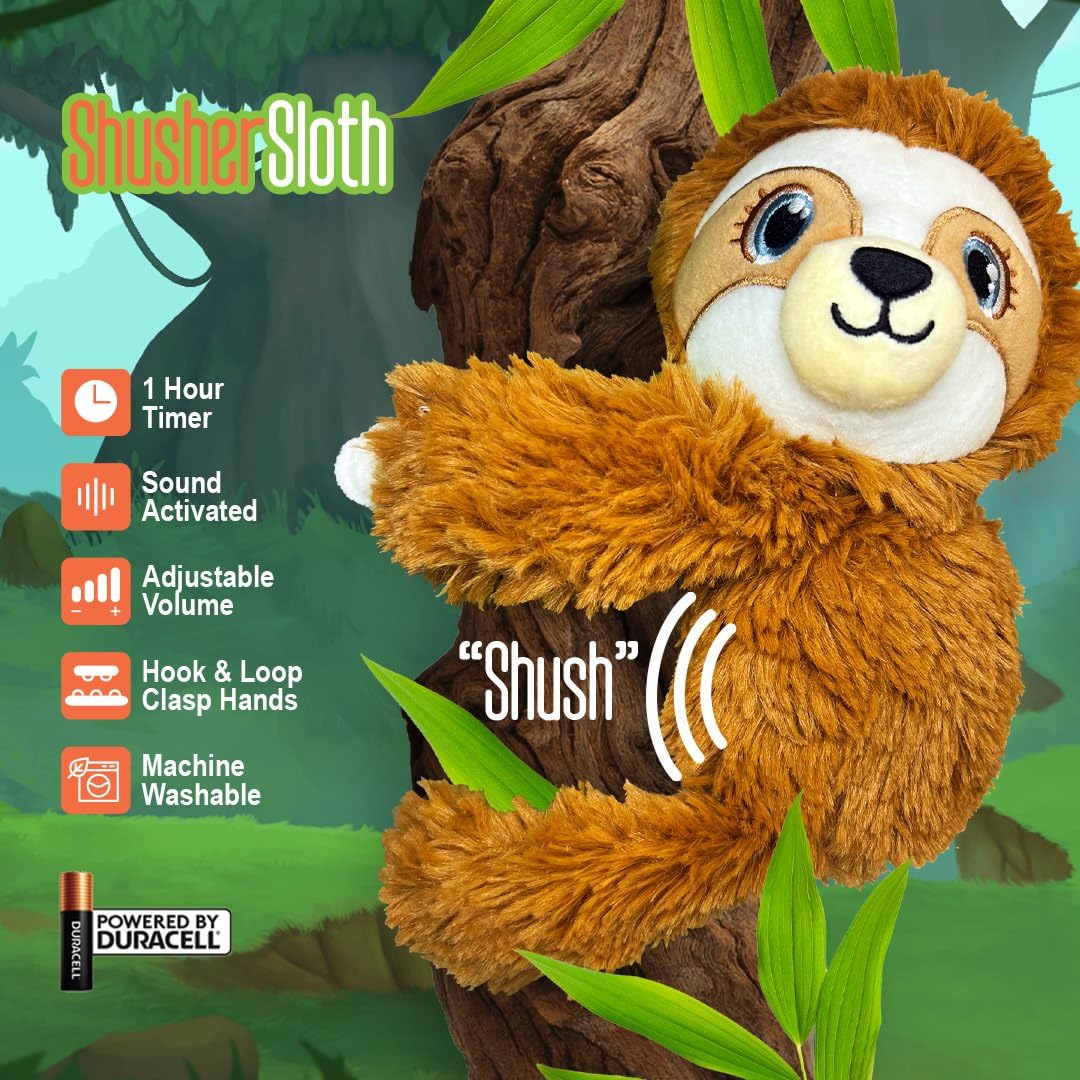 Baby Shusher Sloth soft hook and loop hands secure to crib.