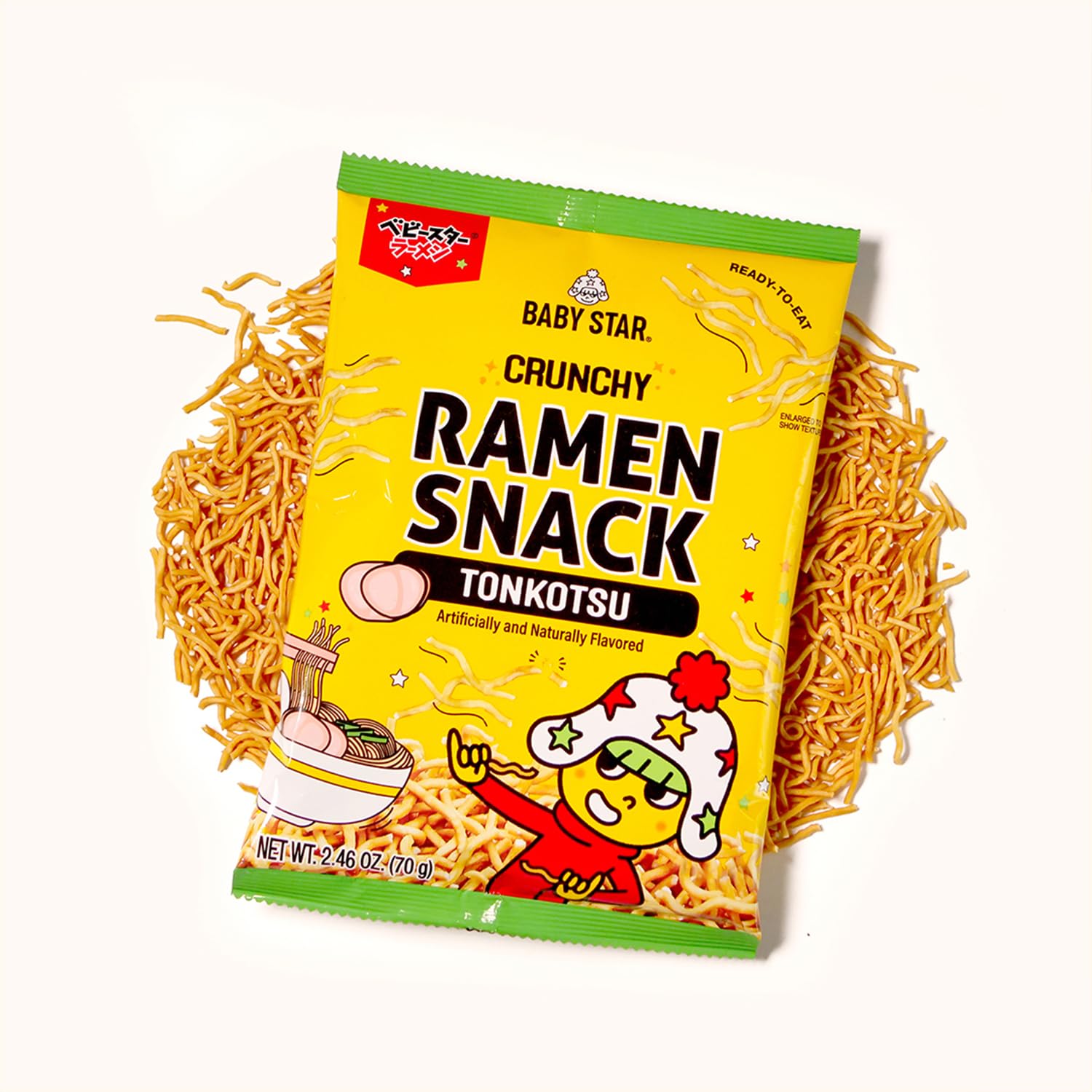 Baby Star Tonkotsu Crunchy Tiny Ramen Snack appeals to kids and adults alike.