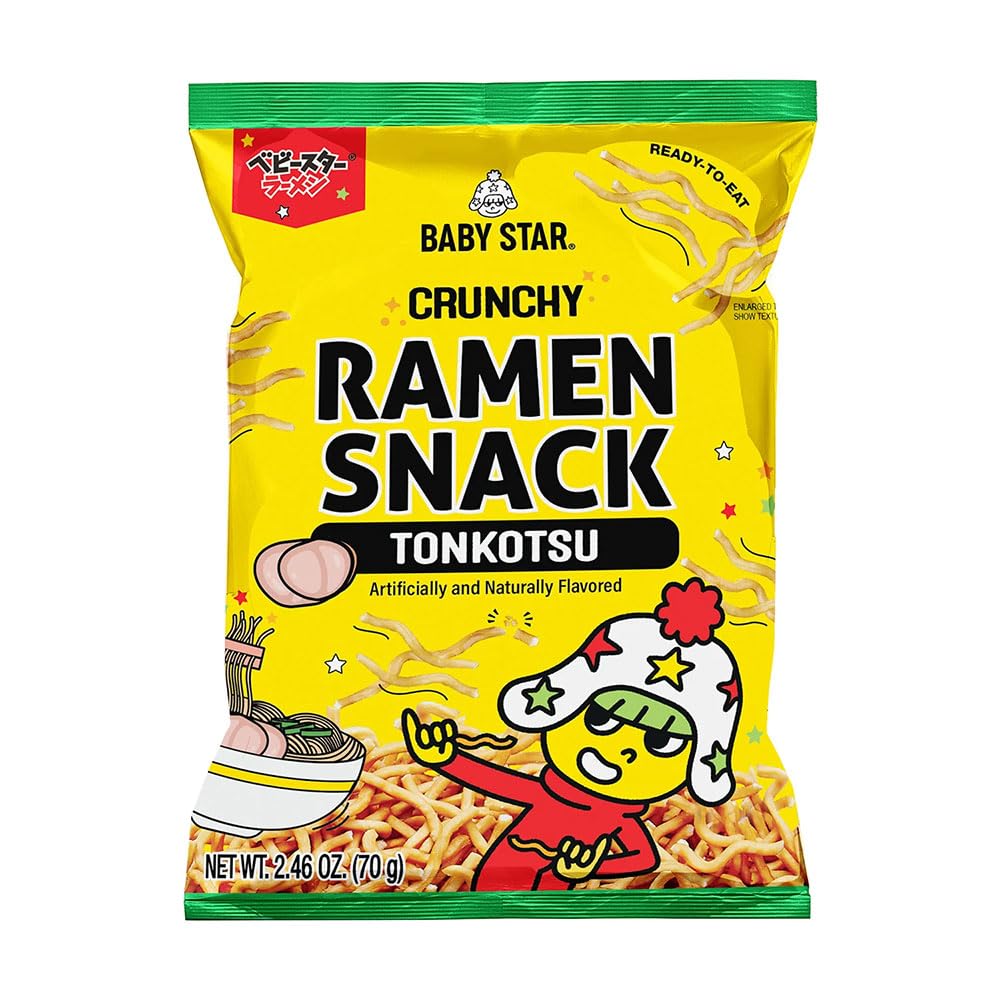 Baby Star Tonkotsu Crunchy Tiny Ramen Snack pack shot shows savory, convenient crunch.