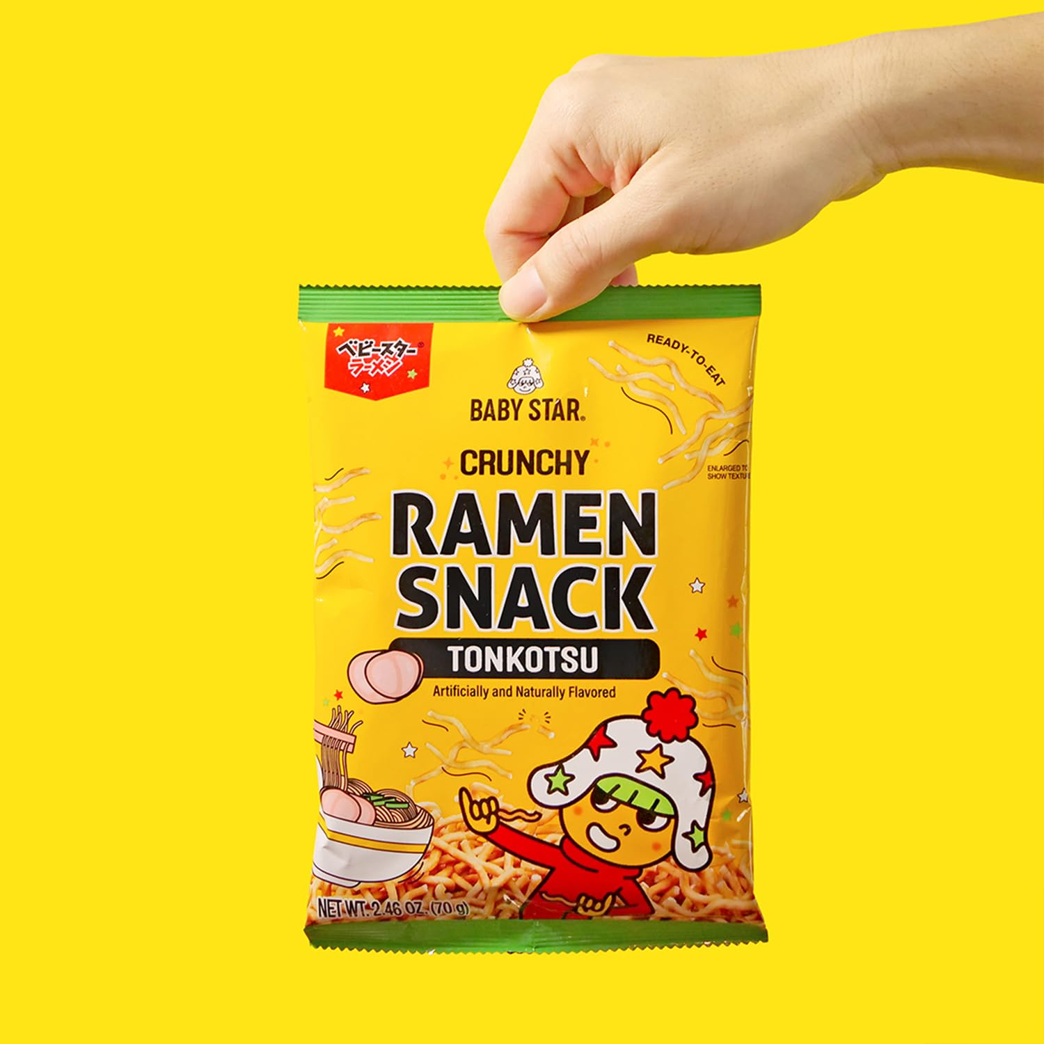 Baby Star Tonkotsu Crunchy Tiny Ramen Snack serving bowl setup for family snacking.