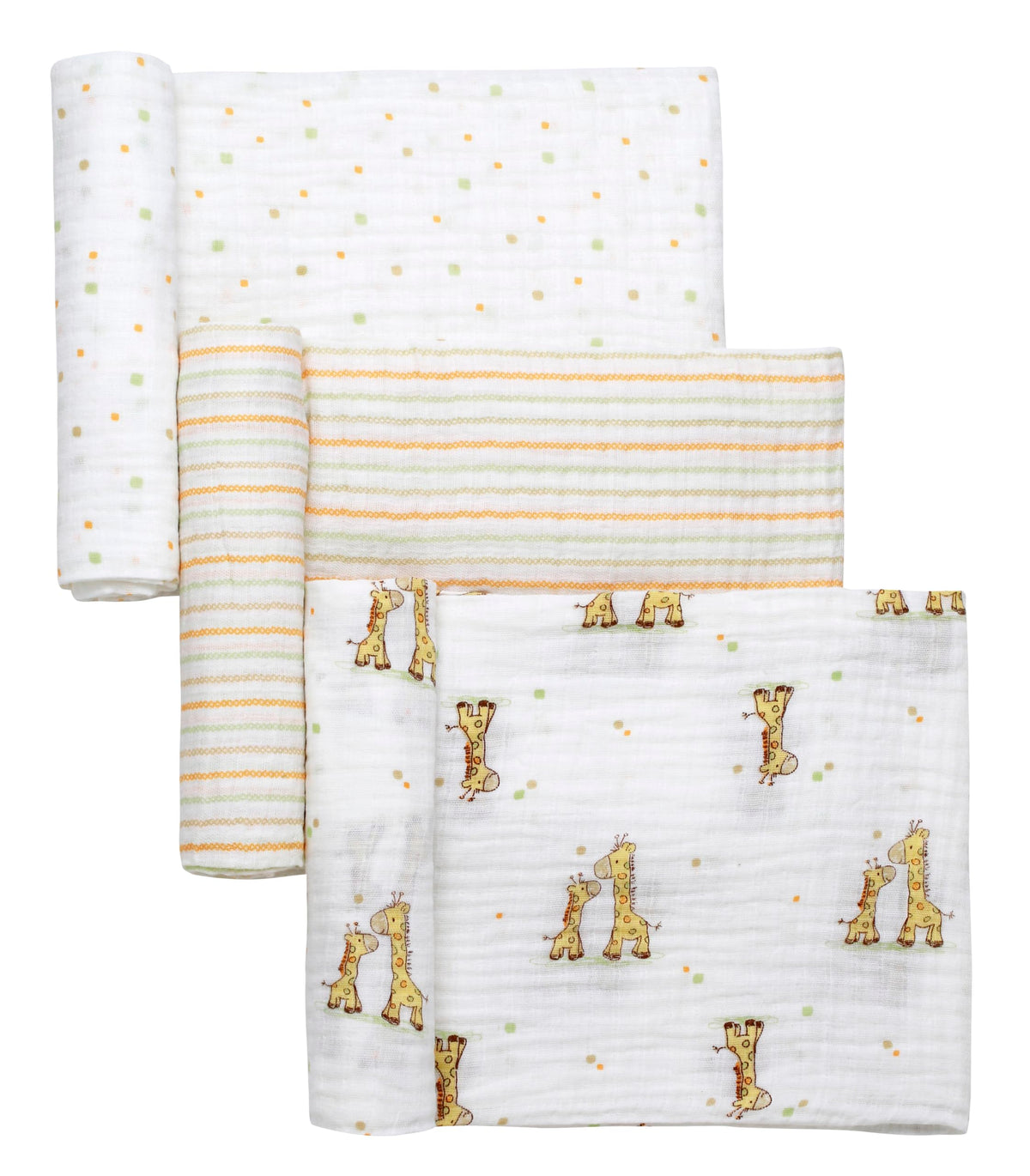 Baby Starters 3-pack cotton muslin swaddle blankets with multicolored prints for breathable swaddling