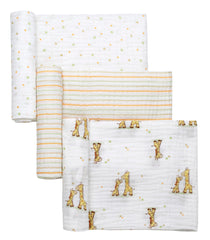 Baby Starters 3-pack cotton muslin swaddle blankets with multicolored prints for breathable swaddling