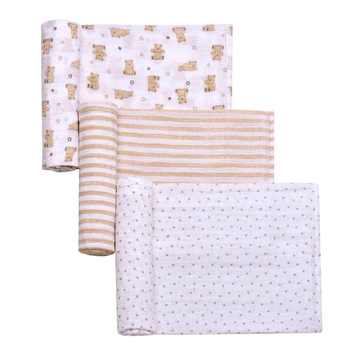 Baby Starters 3-pack cotton muslin swaddle blanket laid flat, breathable for cozy swaddling.