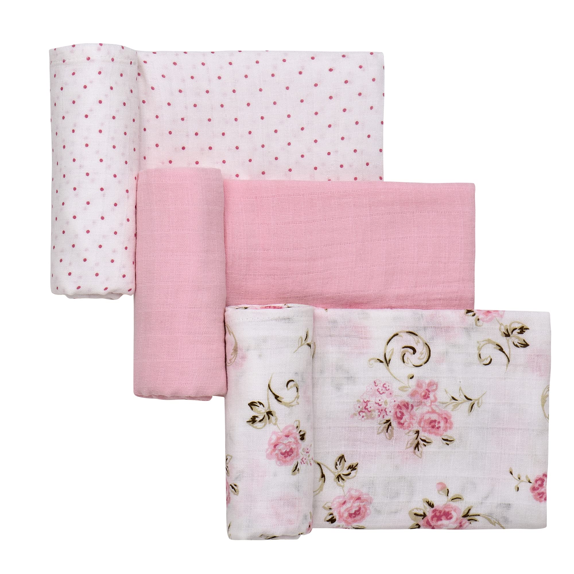 Baby Starters 3-pack muslin swaddle blankets in Vintage Rose pink, cozy for newborns.