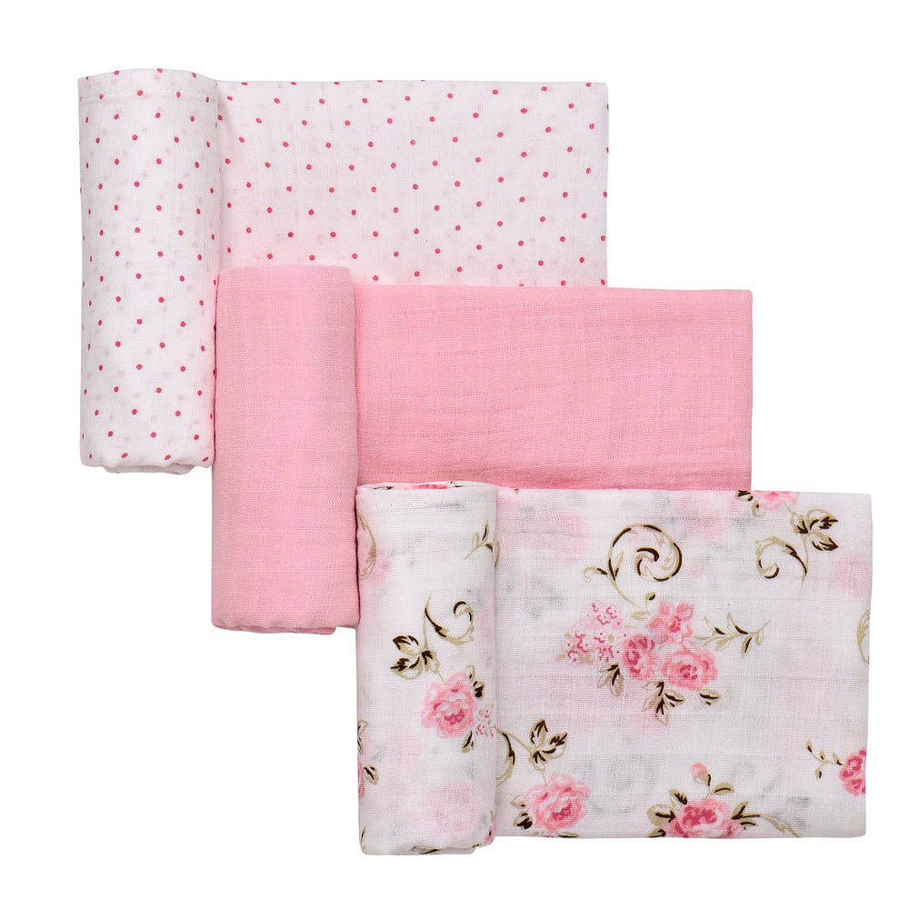Baby Starters 3-pack muslin swaddle blankets in Vintage Rose pink, cozy for newborns.