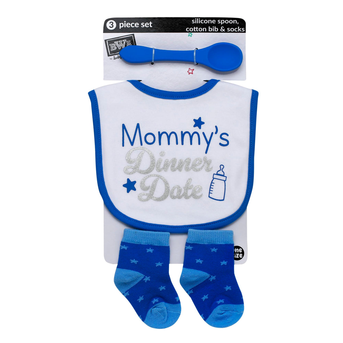 Baby Starters 3-piece blue set: bib, spoon, socks; gentle on gums and easy to clean.