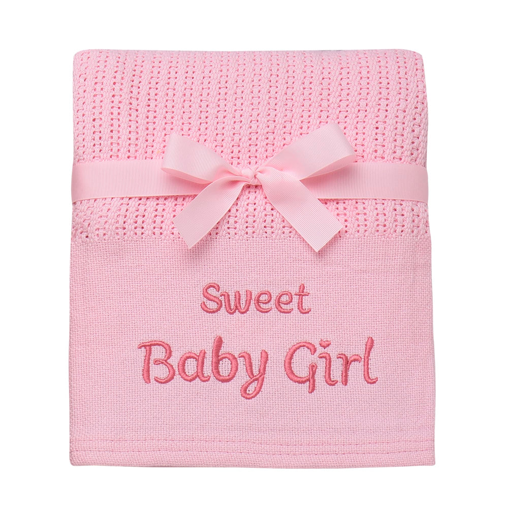 Baby Starters cotton knit blanket with Sweet Baby Girl embroidery for cozy nursery moments.
