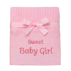 Baby Starters cotton knit blanket with Sweet Baby Girl embroidery for cozy nursery moments.