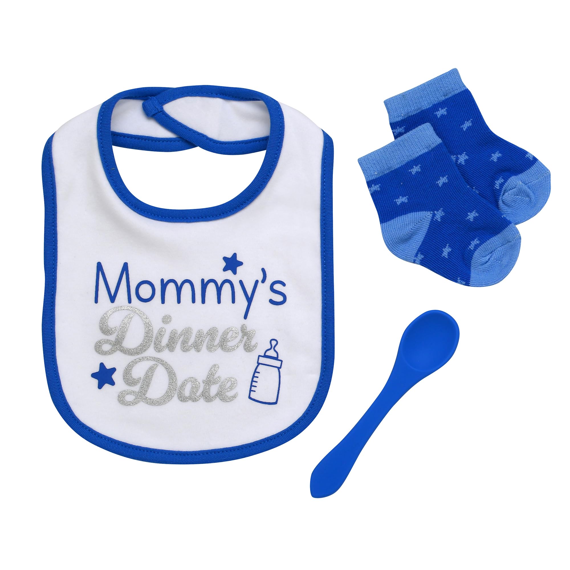 Baby Starters Daddy's Dinner Date bib blue with silver print for easy mealtime style.