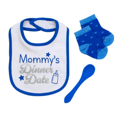 Baby Starters Daddy's Dinner Date bib blue with silver print for easy mealtime style.