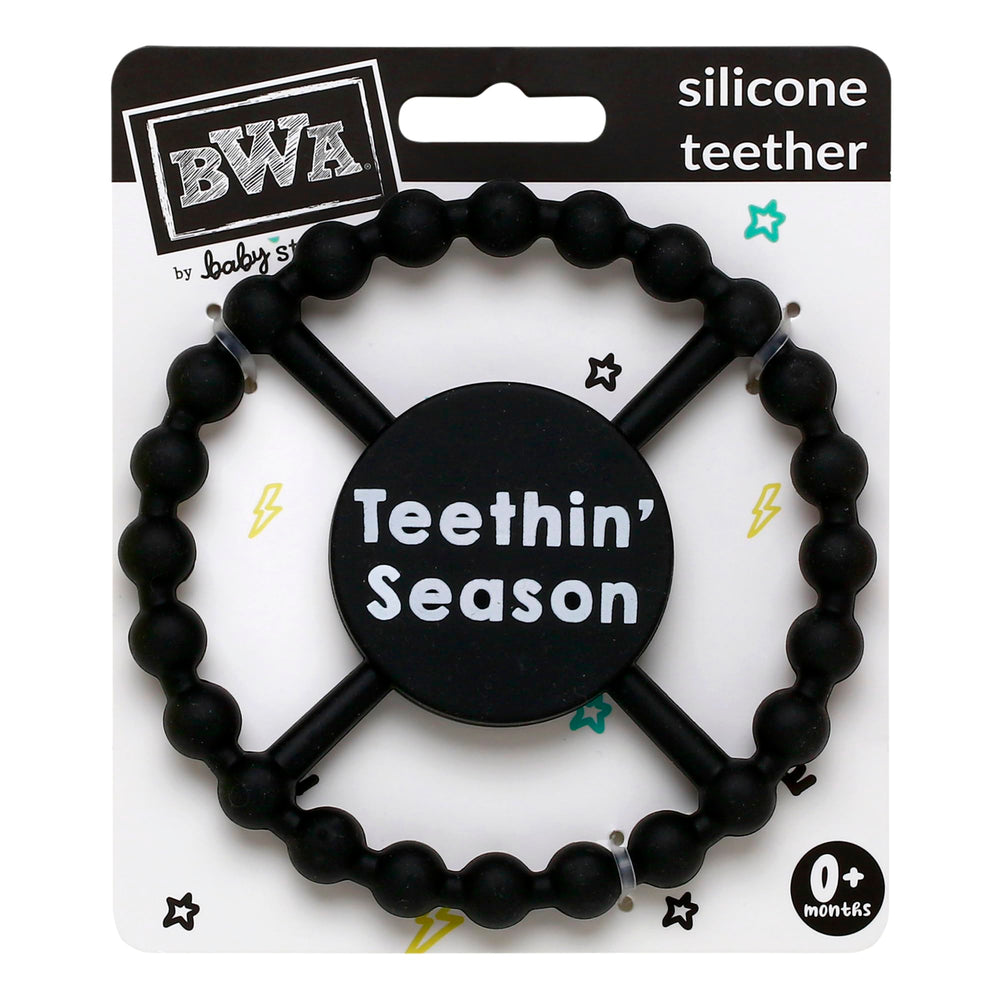 Baby Starters teether features wide grip design aiding tiny hands to hold securely.