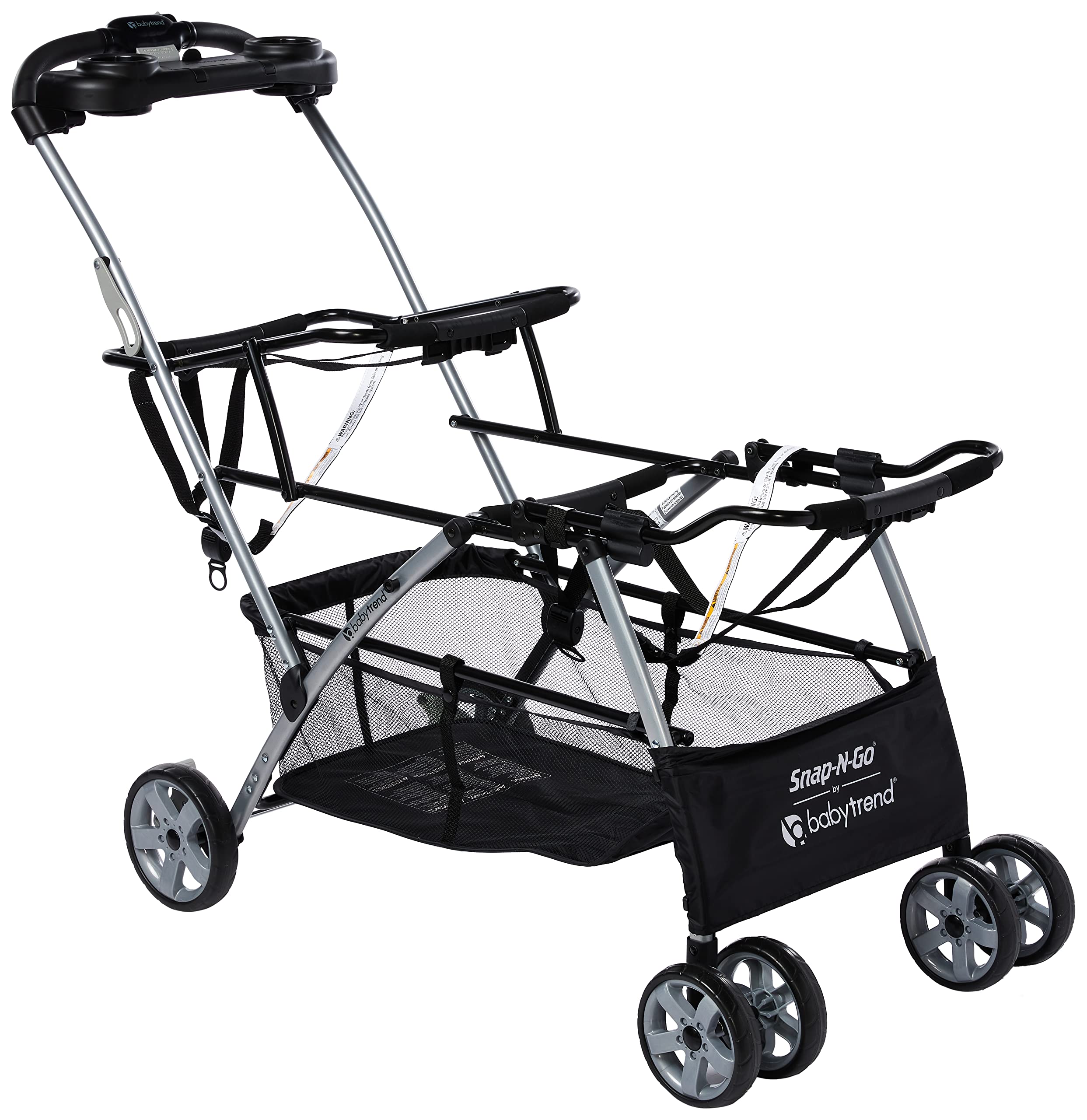 Baby Trend Snap-N-Go Double Stroller front view highlighting compact design and ease of use.