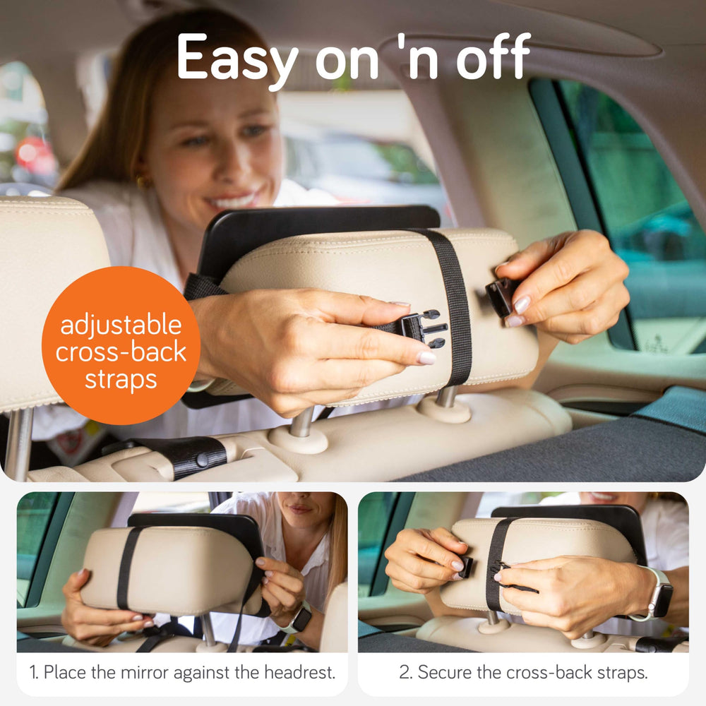 Baby Uma adjustable straps hold the mirror firmly on bumpy road trips.