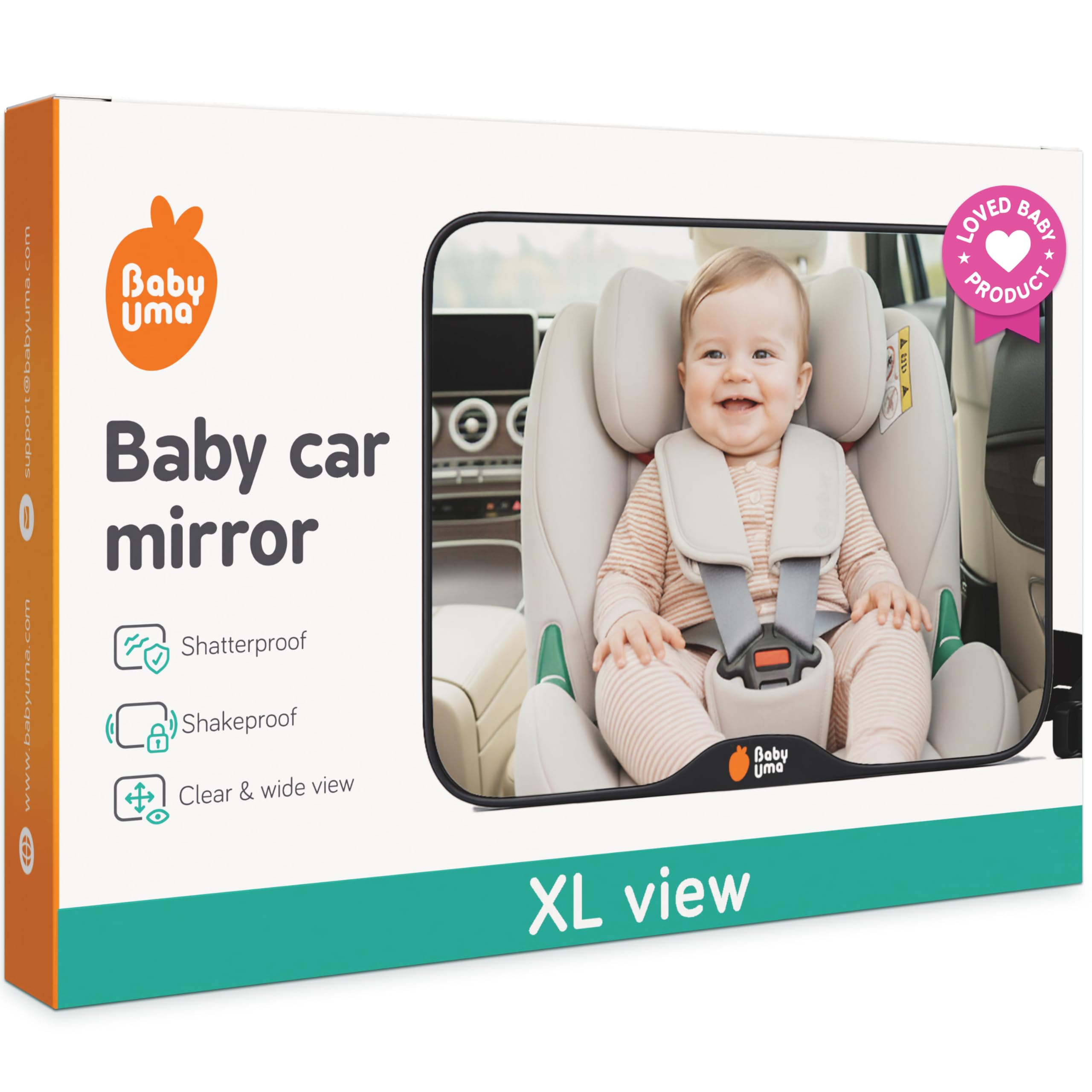 Baby Uma Baby Car Mirror backseat view for easy rear-facing infant monitoring.