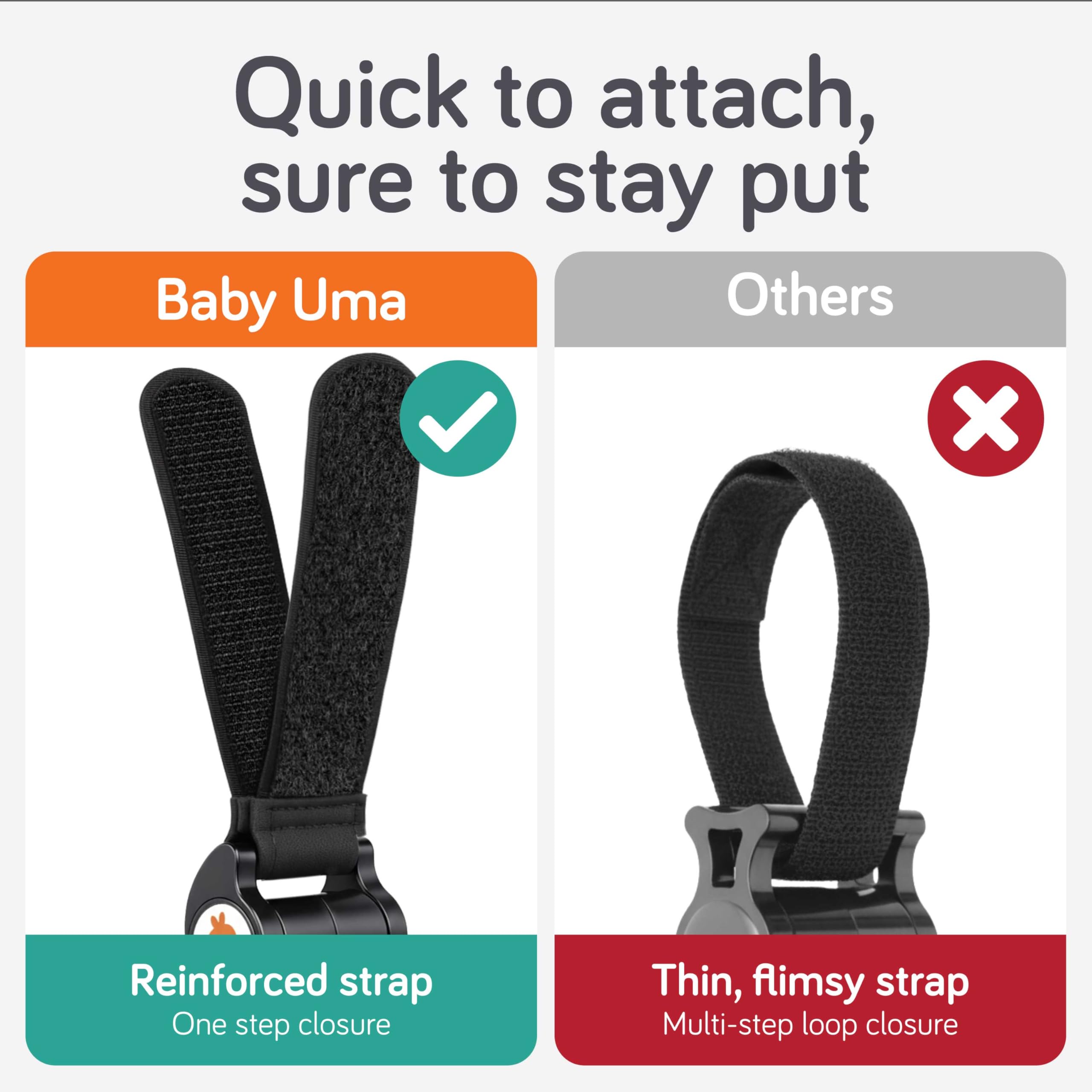 Baby Uma stroller hooks hold bags, bottles, purses, and coats to reduce clutter