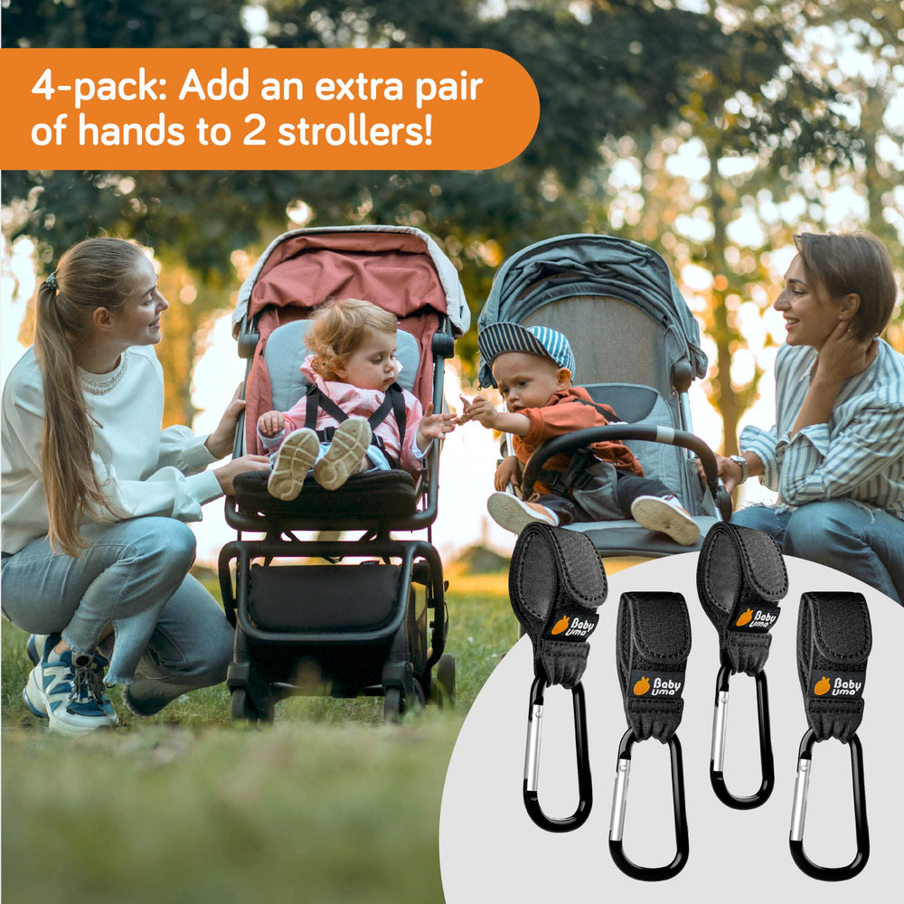 Baby Uma clip in use on stroller handle for quick access.