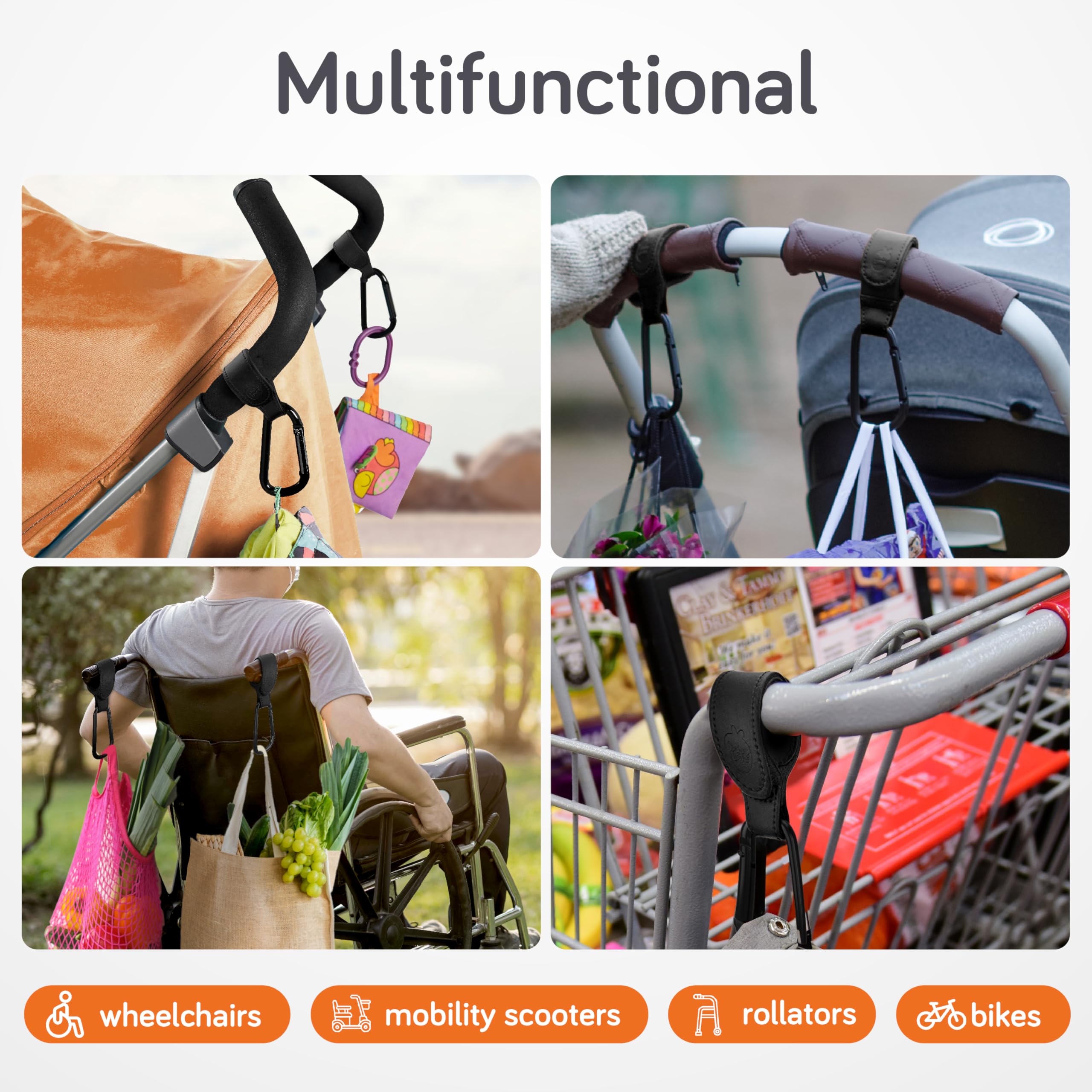 Baby Uma hooks in use with diaper bag on stroller