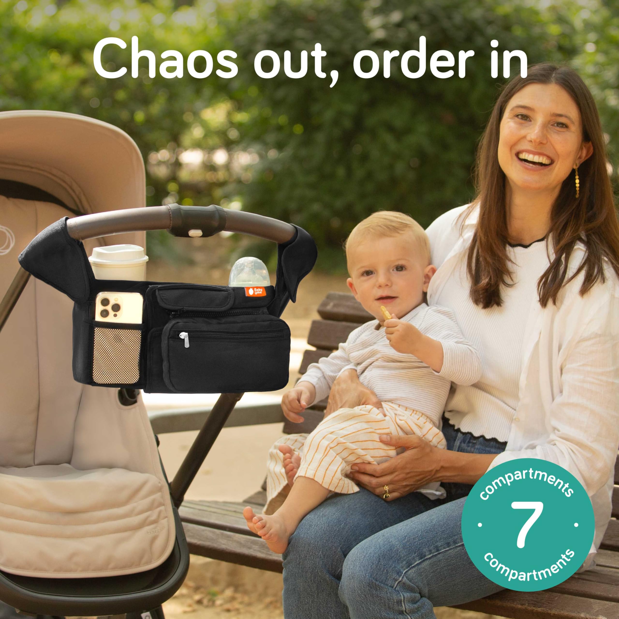 Baby Uma organizer with dual XL insulated cup holders ready for drinks during strolls.