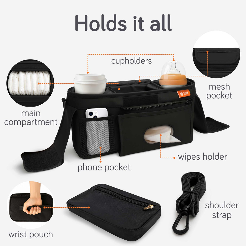 Baby Uma organizer with phone holder keeps your device accessible on outings.
