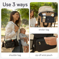 Baby Uma wipes pouch included for quick cleanups during family trips.
