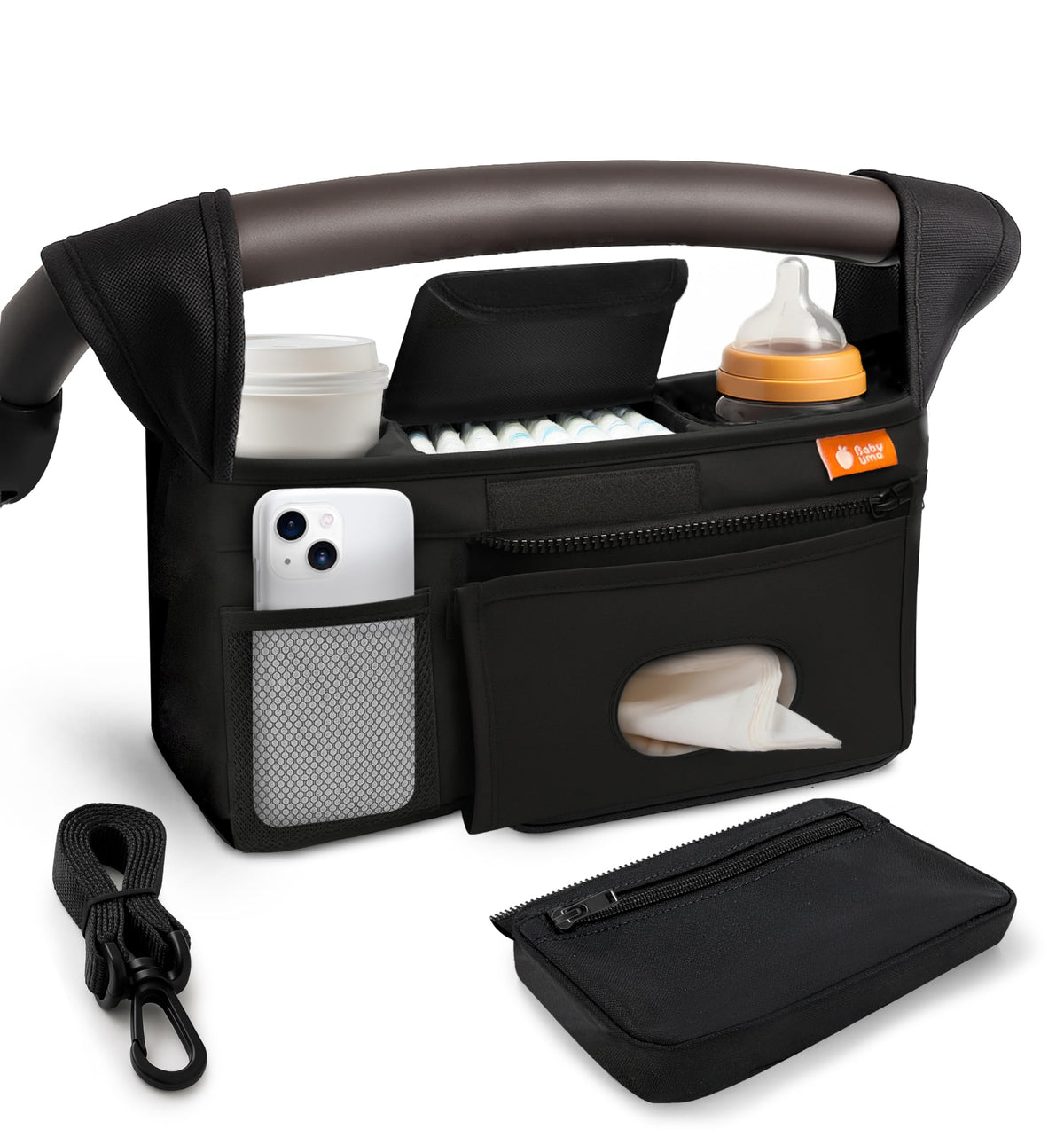 Baby Uma universal stroller organizer viewed in full, showcasing seven compartments for on-the-go storage.