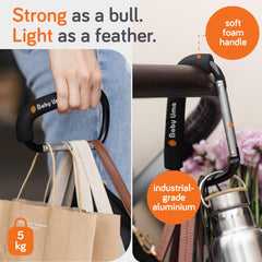 Baby Uma XL foam-handle hook shows non-slip grip protecting the stroller