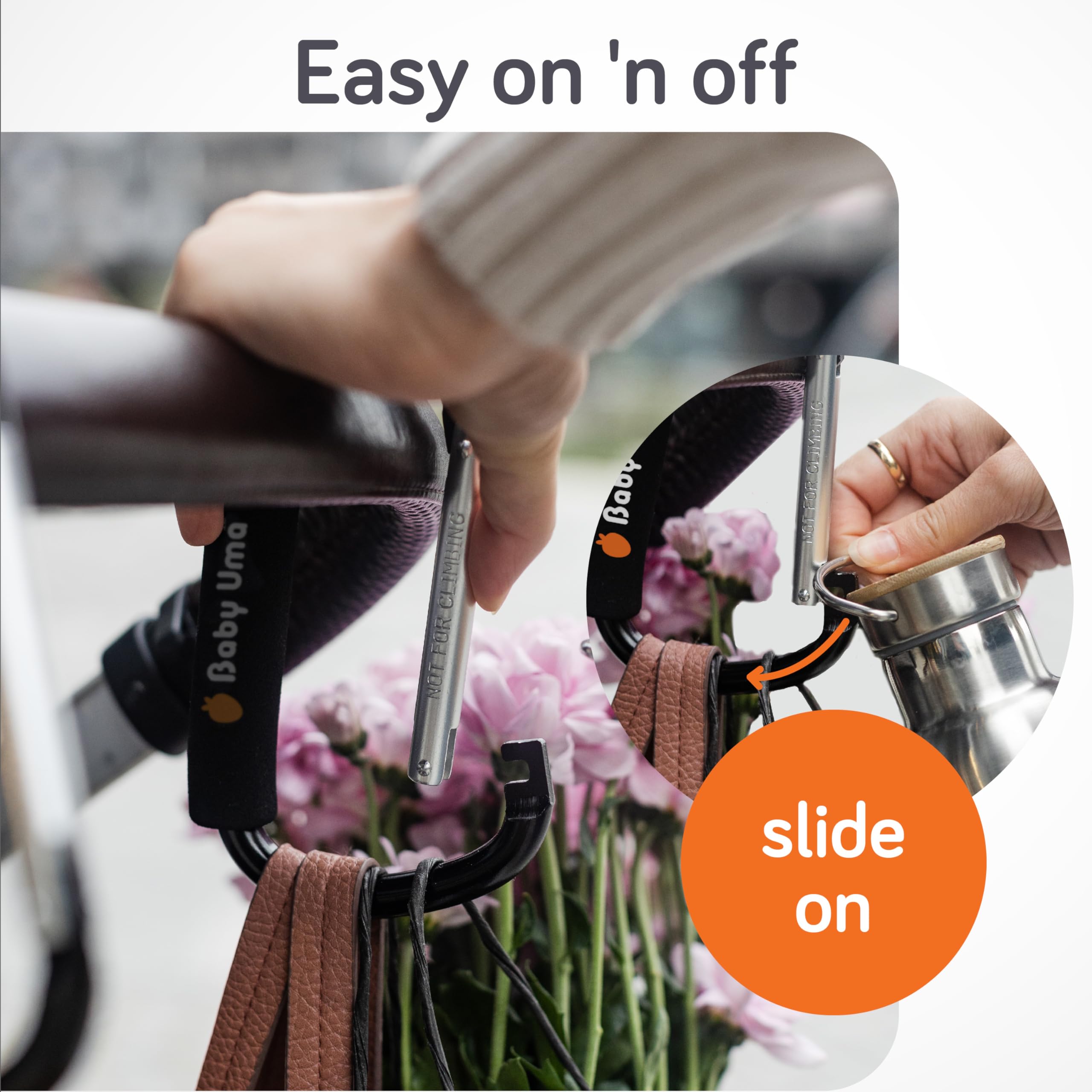 Baby Uma XL hook with anti-slip grip holds bags securely on a handle