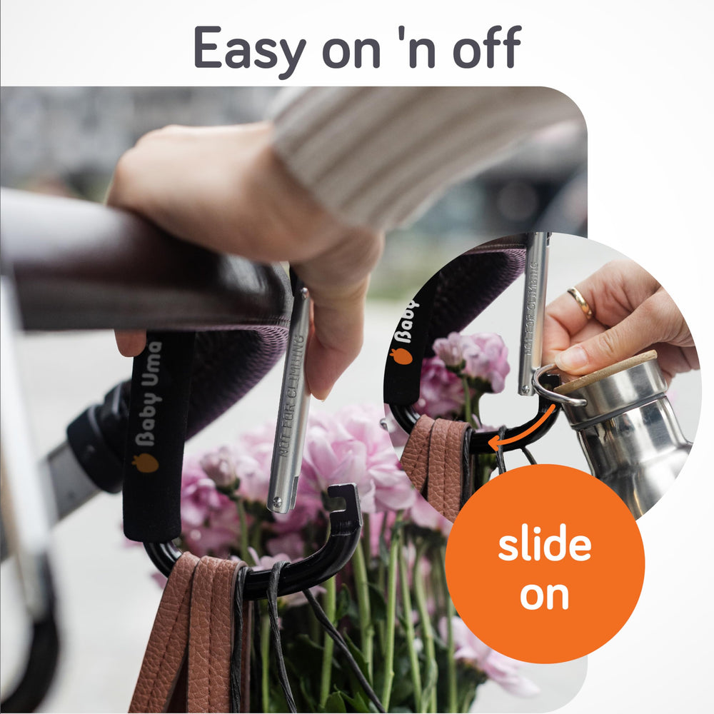 Baby Uma XL hook with anti-slip grip holds bags securely on a handle