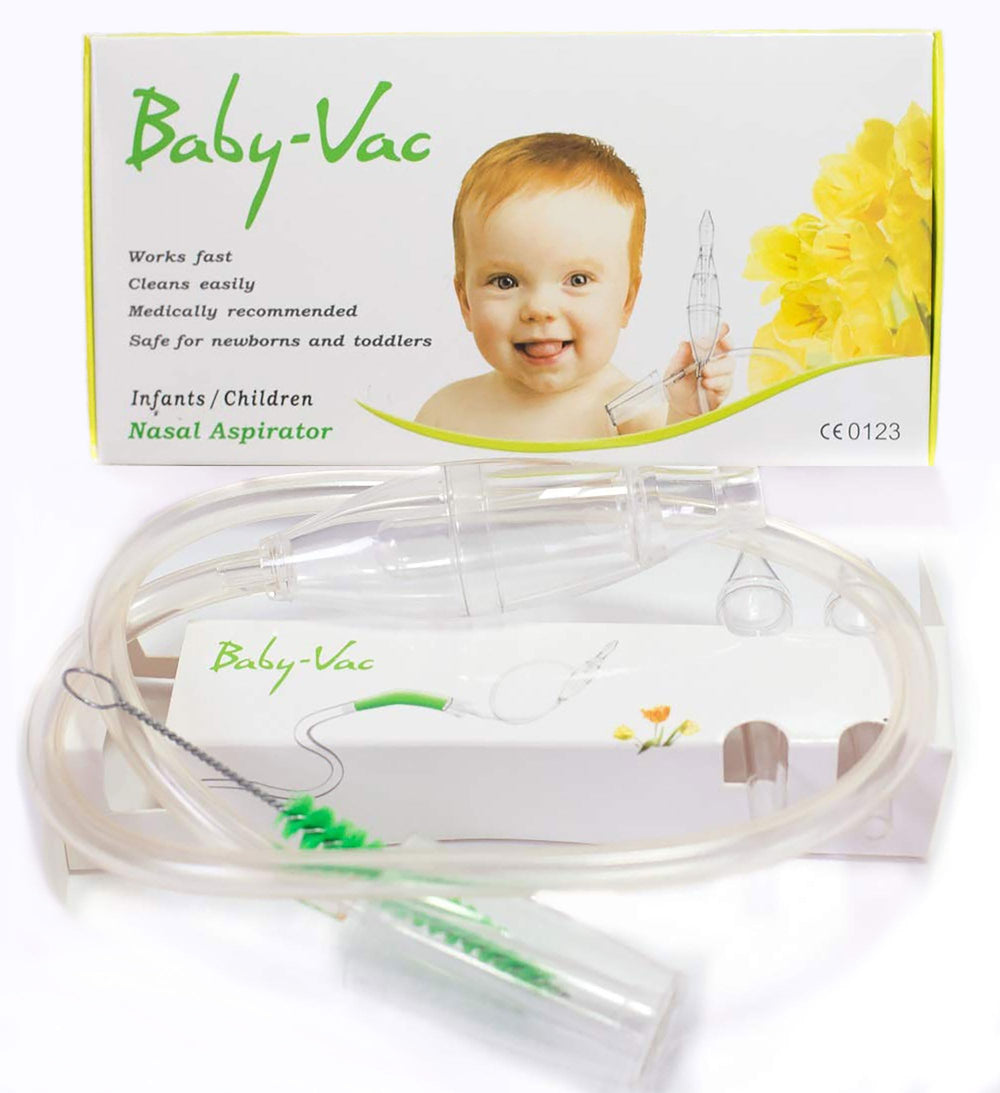 BABY-VAC nasal aspirator system for gentle relief during feeds and naps.